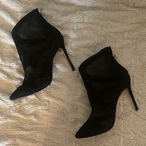 RAYE pointed toe heeled dress booties. Suede with sheer details.